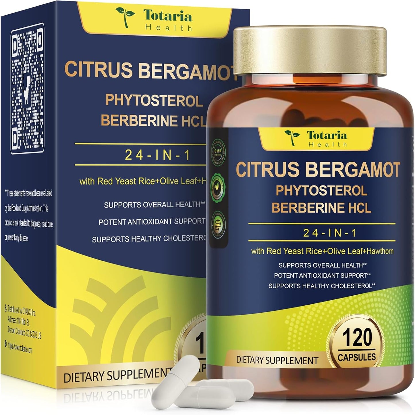 Citrus Bergamot Supplement for Cholesterol – Italian Citrus Bergamot & Plant Sterols, Vegan, Non-GMO, 120 Capsules - görsel 1