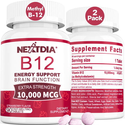 Methylated Vitamin B12 10,000 mcg Sublingual Tablets – Natural Strawberry Flavour, 180 Count