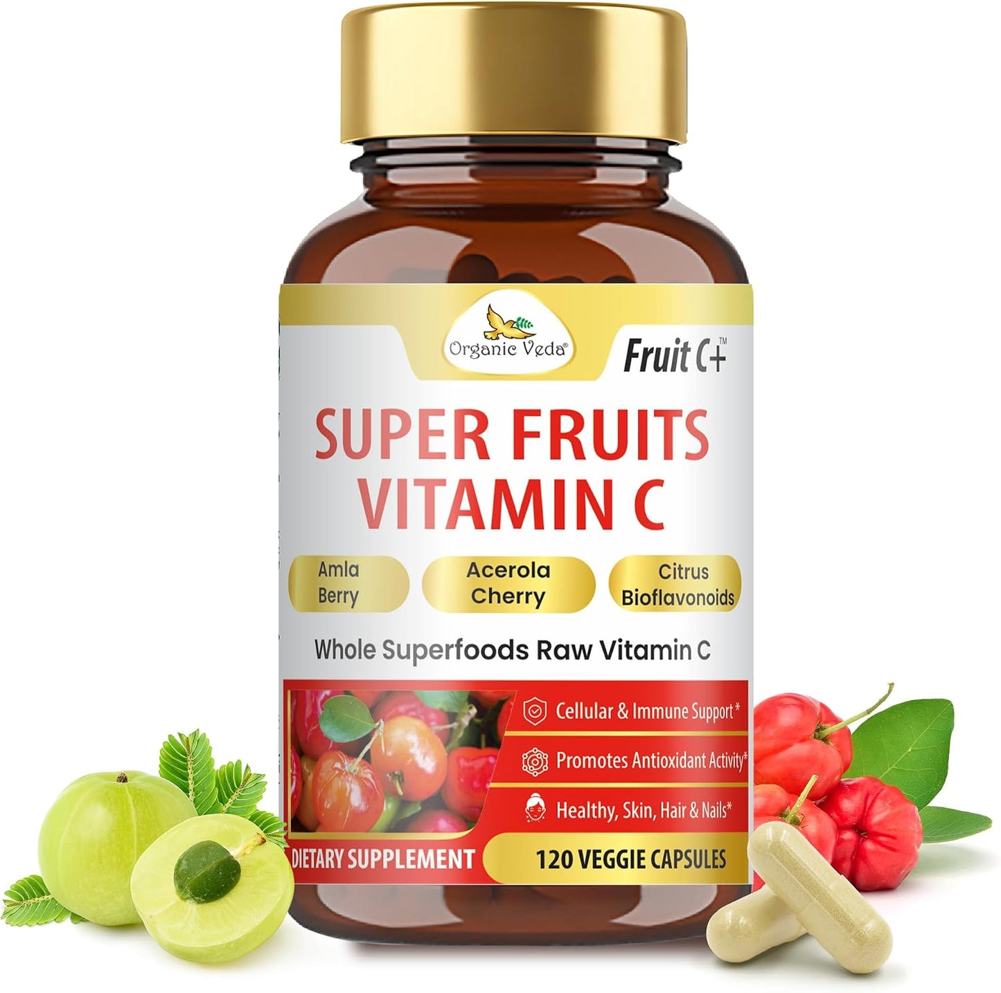 Organic Veda Super Fruits Vitamin C Food Supplement - Amla Fruit & Acerola Vitamin C Capsules with Bioflavonoids for Daily Immune System Support - Organic Whole Food Fruit C+ Antioxidant Complex, 120 Vegan Capsules - görsel 1