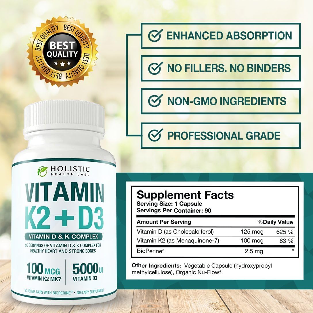 Holistic Health Labs Max Absorption Vitamin K2 + D3 (5000 IU) – 90 Veggie Capsules - görsel 6
