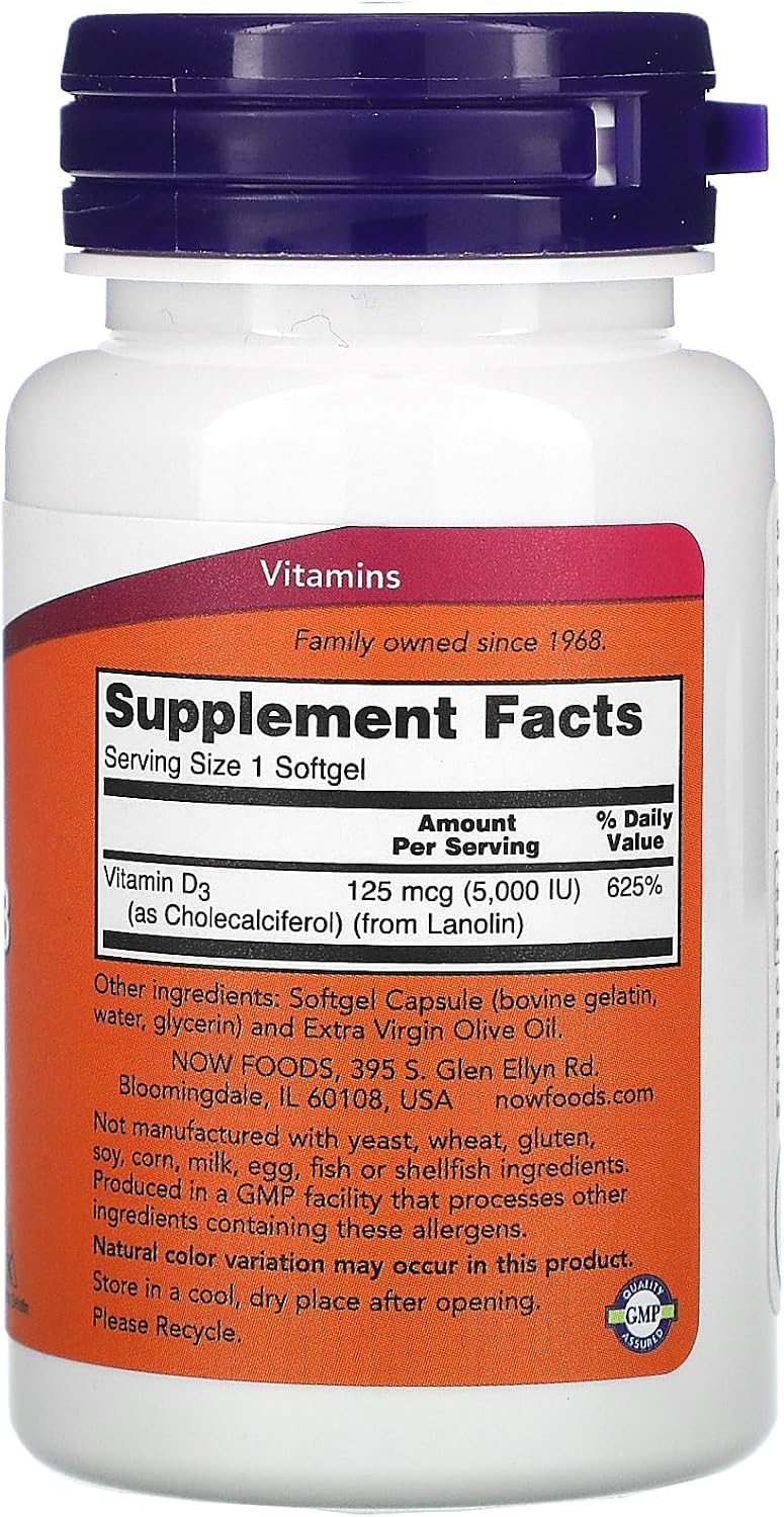 NOW Foods Now Supplements, Vitamin D-3 5,000 IU, High Potency, Structural Support*, 120 Softgels (3 Pack) - görsel 3