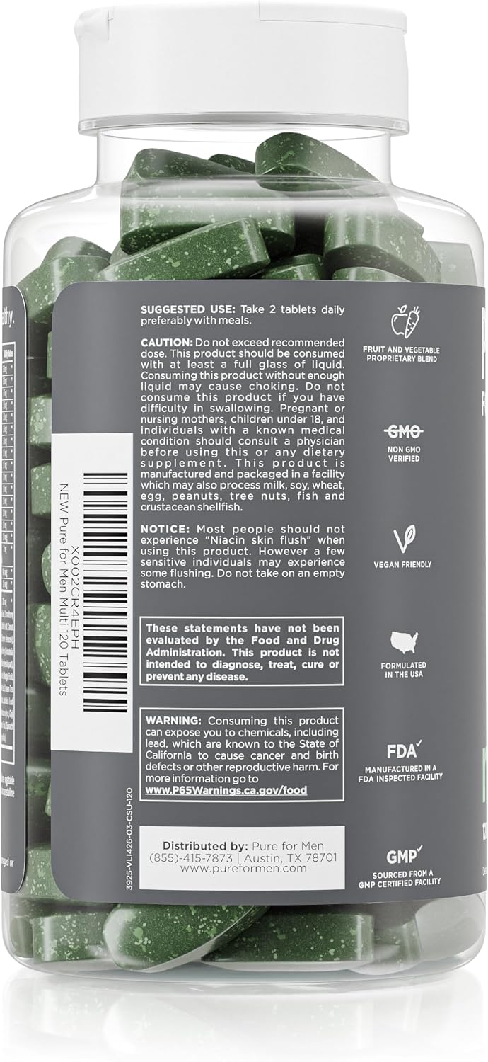 Pure for Men Multivitamin Supplement for Men: Energy, Mood & Bone Support with 42 Fruits & Vegetables, 120 Vegan Tablets - görsel 3
