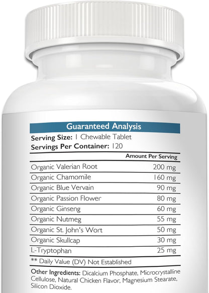 Nutrition Strength 9-in-1 Valerian Root for Dogs 200mg, Chamomile 160mg, Blue Vervain, Passion Flower, Ginseng, Nutmeg, St John's Wort, L-Tryptophan for Dog Stress Relief & Calming, 120 Tablets