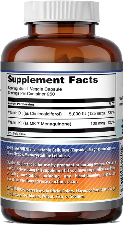 Amazing Formulae Vitamin D3 5000 IU with Vitamin K2 100 mcg, 250 Veggie Capsules
