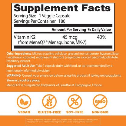 Doctor's Best Natural Vitamin K2 MK7 Food Supplement with MenaQ7 – 45 mcg, 180 Vegan Capsules