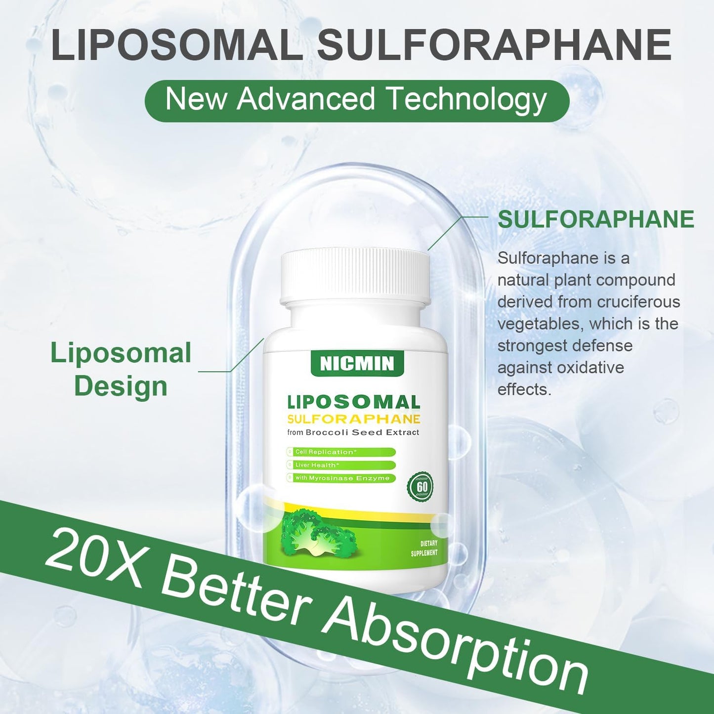 550mg Liposomal Sulforaphane from Broccoli Sprouts + Broccoli Seed with 250mg Glucoraphanin - 60 Capsules - görsel 5