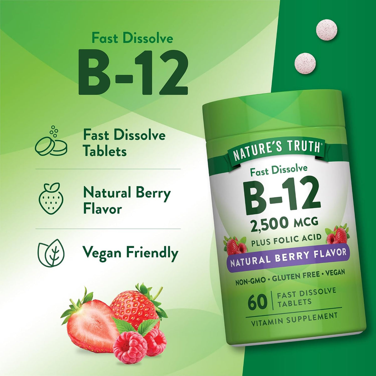 Nature's Truth Vitamin B12 2500 mcg Fast Dissolve Tablets with Folic Acid - 60 Count - görsel 5