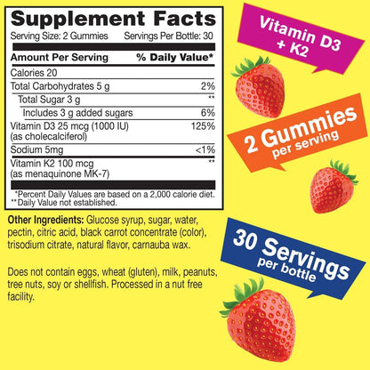 WellYeah Vitamin D3 + K2 Gummies - 1000 IU (25 mcg) D3, 100 mcg K2 (MK-7) - Bone and Muscle Wellness - 60 Gummies