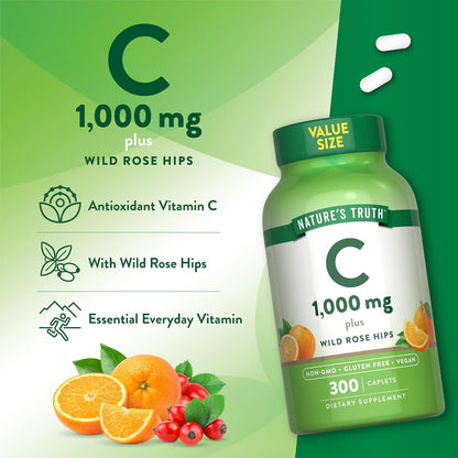 Nature's Truth Vitamin C 1000mg with Rose Hips Tablets (300 Count) - Vegan, non-GMO & Gluten-Free Supplement