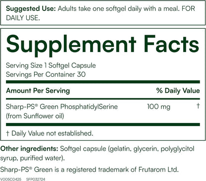 Purity Products PS Brain Support - Sharp-PS Green PhosphatidylSerine 100 mg, 30 Softgels