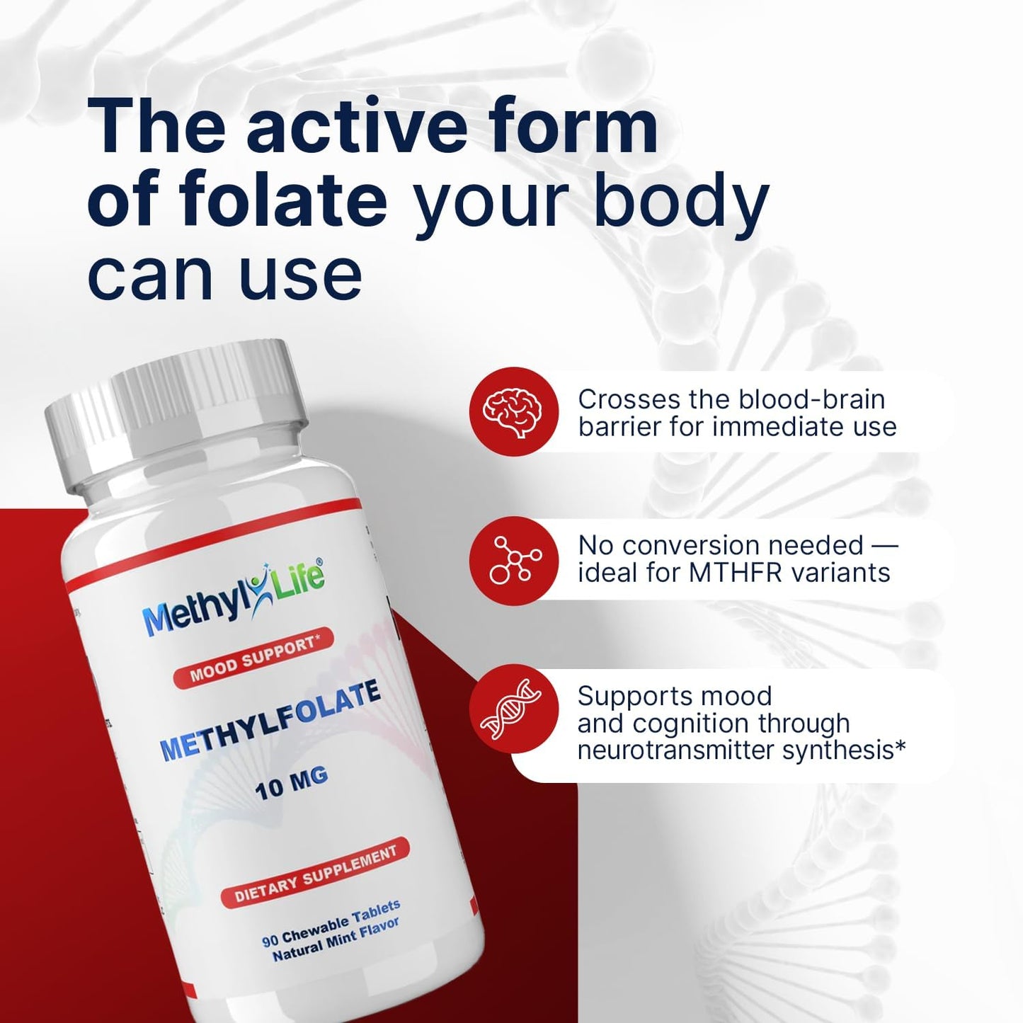 Methyl-Life® L-Methylfolate 10 mg - Chewable Active Folate Tablets with Cerebrofolate® (L-5-MTHF, Calcium) | Vegan, Non-GMO, Gluten-Free | 90 Chewable Tablets - görsel 5