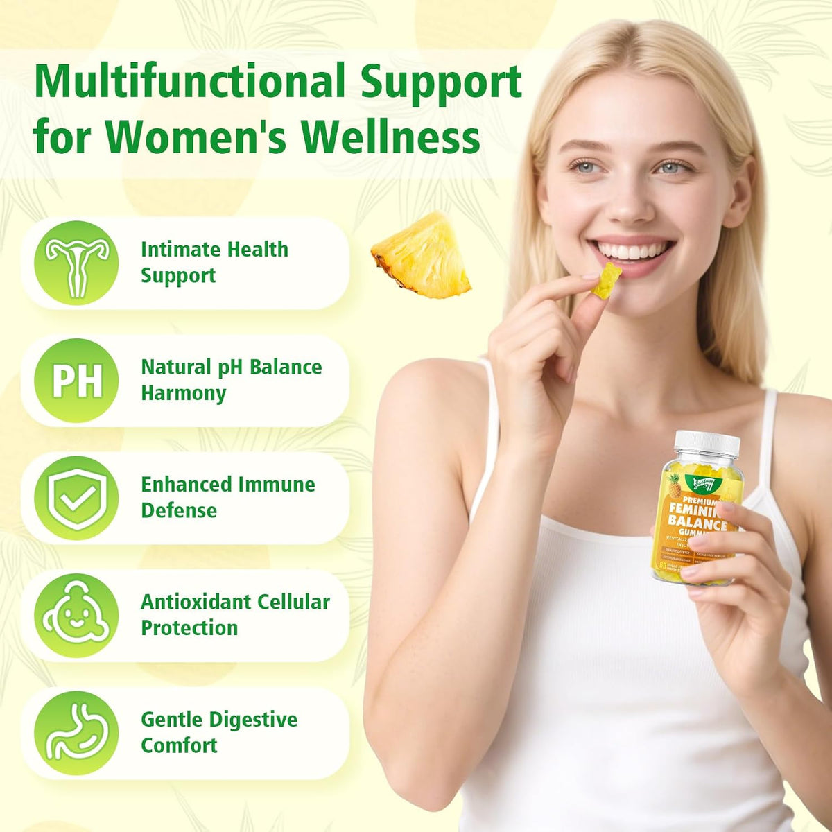 Premium Feminine Balance Gummies for Women's Immune Function, Hawaiian Pineapple Gummies Support pH Balance & Immune Function, Vegan, Gluten-free, 60 Gummies - görsel 3
