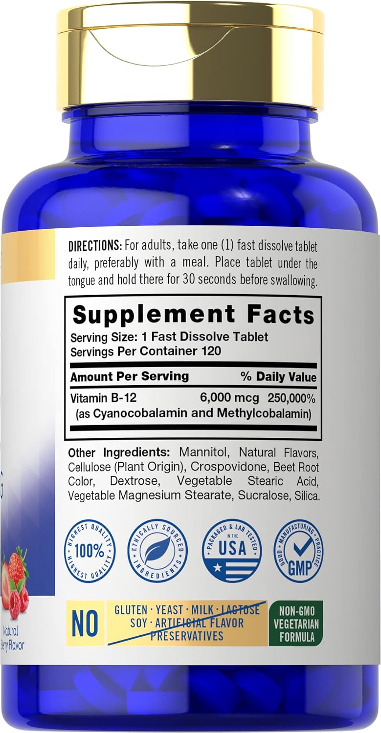 Carlyle Vitamin B12 6000mcg Sublingual Tablets - Natural Berry Flavour - 120 Count - görsel 2