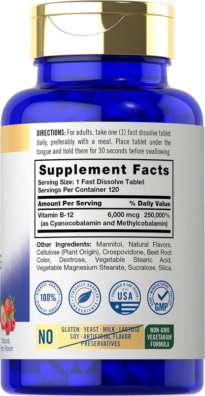 Carlyle Vitamin B12 6000mcg Sublingual Tablets - Natural Berry Flavour - 120 Count