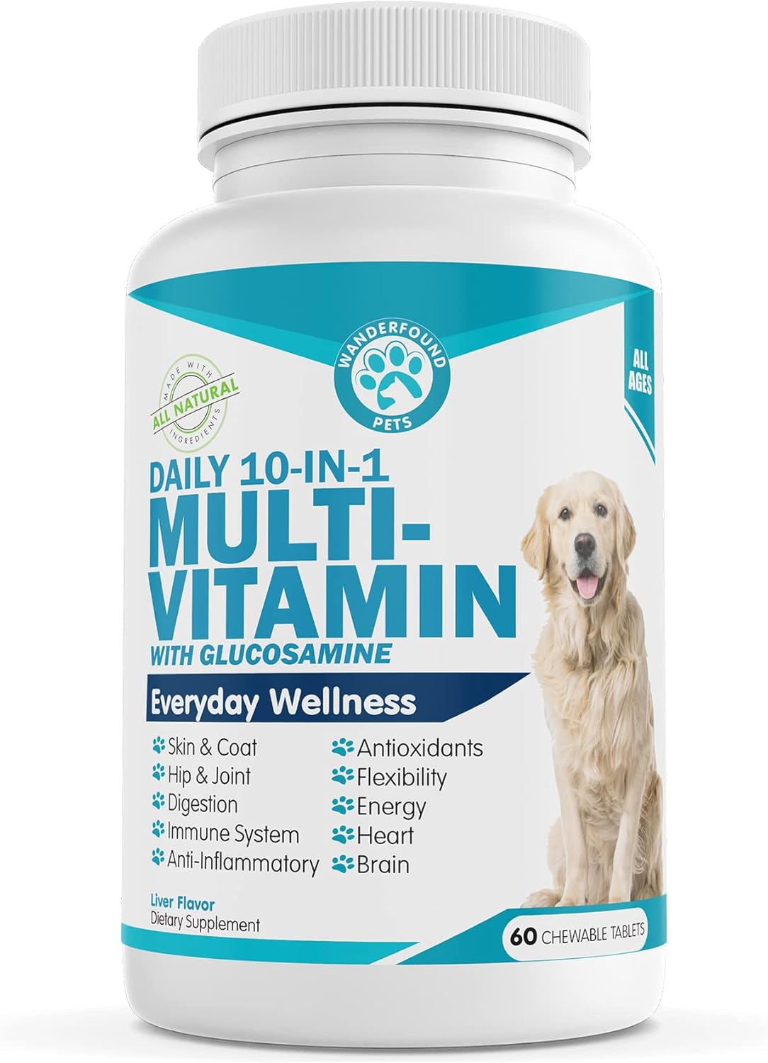 Wanderfound Pets 10-in-1 Dog Multivitamin, Chewable Dog Vitamins with Glucosamine, D3, and MSM, Dog Health Supplies for Immune System and Joint Health, Liver Flavour, 60 Tablets - görsel 1