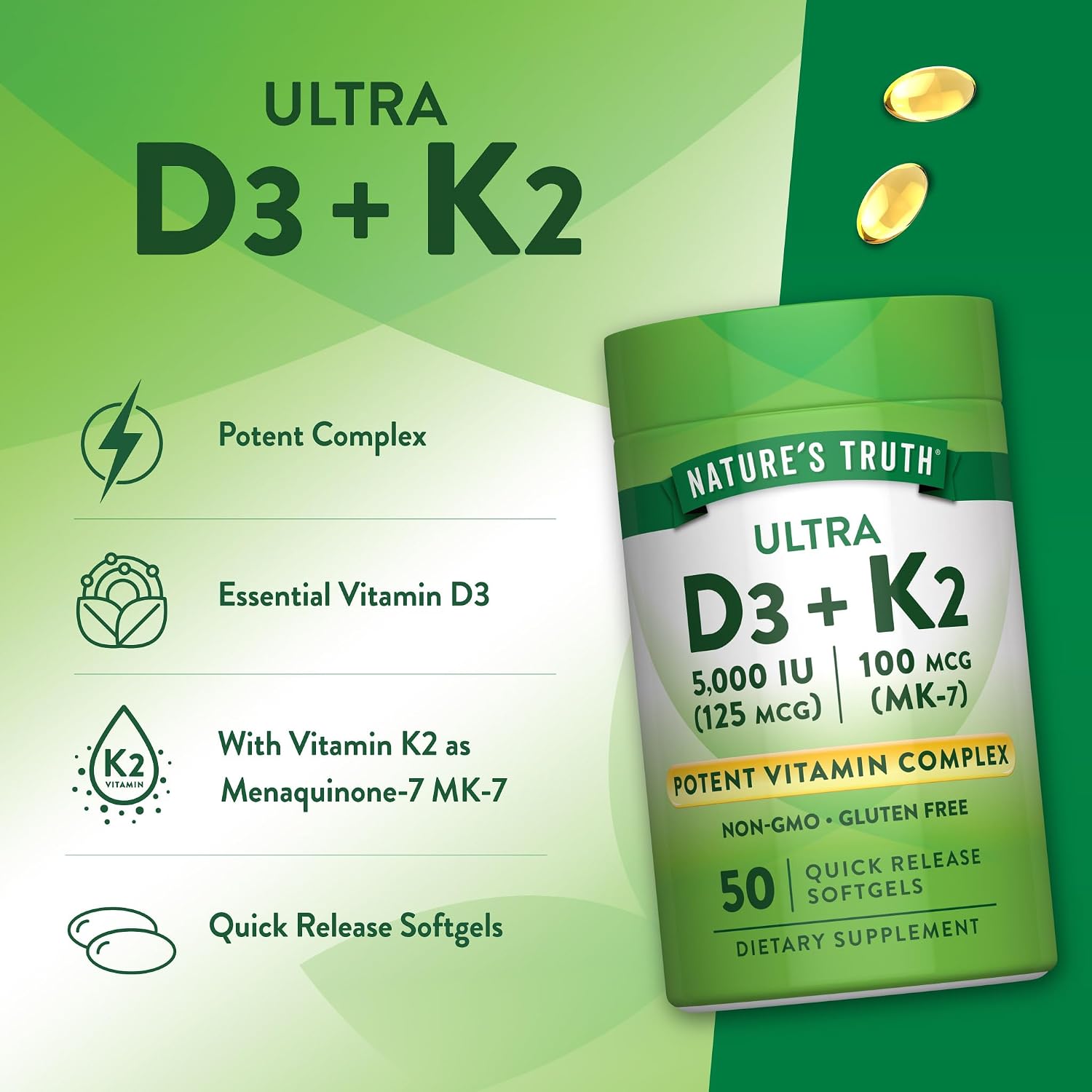Nature's Truth Vitamin K2 MK7 Complex with D3, 100 mcg, 50 Softgels - görsel 5