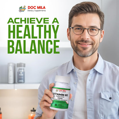 Doc Mila Vitamin B2 Riboflavin 400mg Capsules – Vegan Supplement for Energy Metabolism & Nervous System Support – 60 Capsules