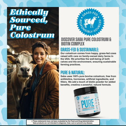 Saba Pure Colostrum & Biotin Complex – Unflavoured, Easy-Mixing Powder for Gut Health, Immunity, Hair, Skin & Nails, 60 Servings