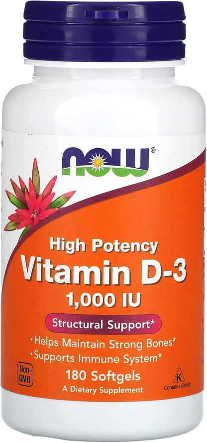 NOW Foods Vitamin D3 1000 IU Softgels - 180 Capsules (2-Pack)