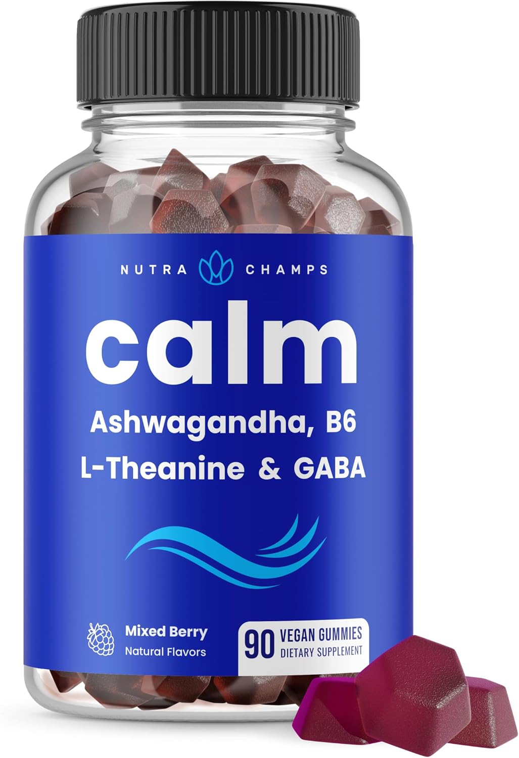 NutraChamps Calm Gummies, Stress Gummies Food Supplement with Ashwagandha, L-Theanine, GABA, Vitamin B6 & Lemon Balm, Supports Mood, Focus & Stress Relief, Natural Berry Flavour, 90 Gummies - görsel 1