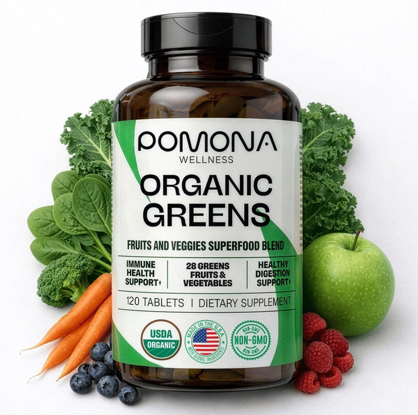 Pomona Wellness Super Greens Supplement - Organic, Non-GMO, 120 Tablets - görsel 1
