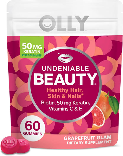 OLLY Undeniable Beauty Gummy – Biotin, Vitamin C & Keratin for Hair, Skin & Nails, Grapefruit, 60 Gummies