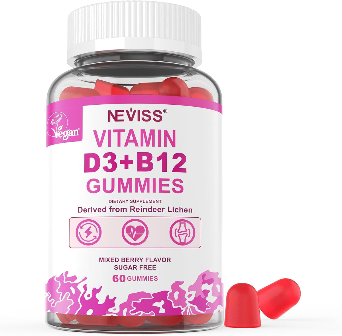 NEVISS 2-Pack Vegan Vitamin D3 + Vitamin B12 Gummies, High Potency D3 5000IU & 1000mcg Methylated B12, Vitamin D3 and B12 for Adults, Support Bone Health, Immune & Energy Supplement, 120 Count - görsel 9
