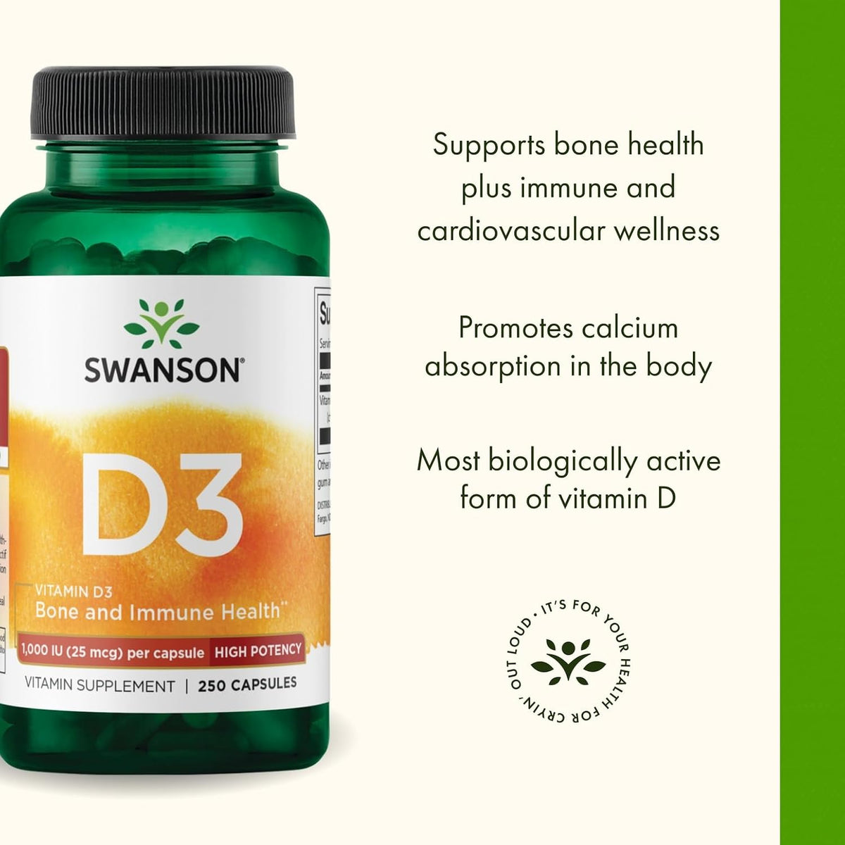 Swanson Vitamin D3 1000 IU - 250 Soft Capsules - Bone Health, Immune Support & Muscle Function Food Supplement - görsel 4