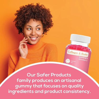 Safer Products Collagen Biotin Gummies - Supports Hair, Skin & Nails - Vegan, Non-GMO, Gluten-Free - Strawberry Flavour - 120 Gummies