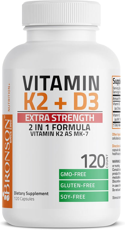 Bronson Vitamin K2 (MK-7) with D3 Extra Strength – 10,000 IU D3 & 120 mcg K2, 120 Capsules