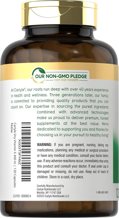 Carlyle Dry Vitamin E 400 IU, 120 Capsules – Natural D-Alpha Tocopheryl, Non-GMO, Gluten-free