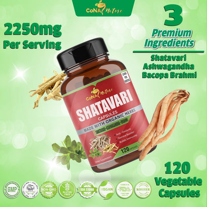 Organic Shatavari Powder Capsules 2250mg with Ashwagandha and Brahmi – Women's Health Support, 120 Vegan Capsules