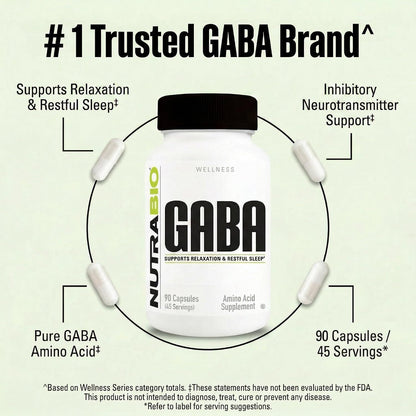 NutraBio 100% Pure GABA Food Supplement (Gamma-Aminobutyric Acid), 500mg – 90 Capsules