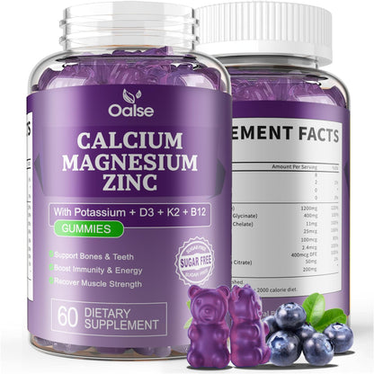 (120 Counts) Calcium Magnesium Zinc Gummies with Vitamin D3 & K2 - High Absorption Magnesium Glycinate - Sugar Free - Blueberry Flavoured