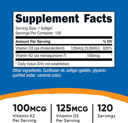 Nutricost Vitamin D3 + K2 (5000 IU D3 / – 100 mcg Vitamin K2 (MK-7): The MK-7 form has a longer half-life for – Image 2