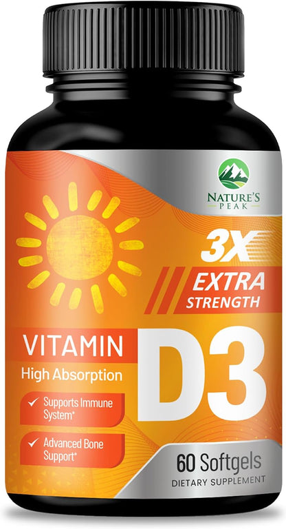 Vitamin D-3 5000 IU (125 mcg) Per Serving Softgels - Extra Strength Vitamin D Dietary Supplement for Bone, Teeth, Muscle Health & Immune Support, Rapid Absorption, Bottled in USA, Gluten-free - 60 Count