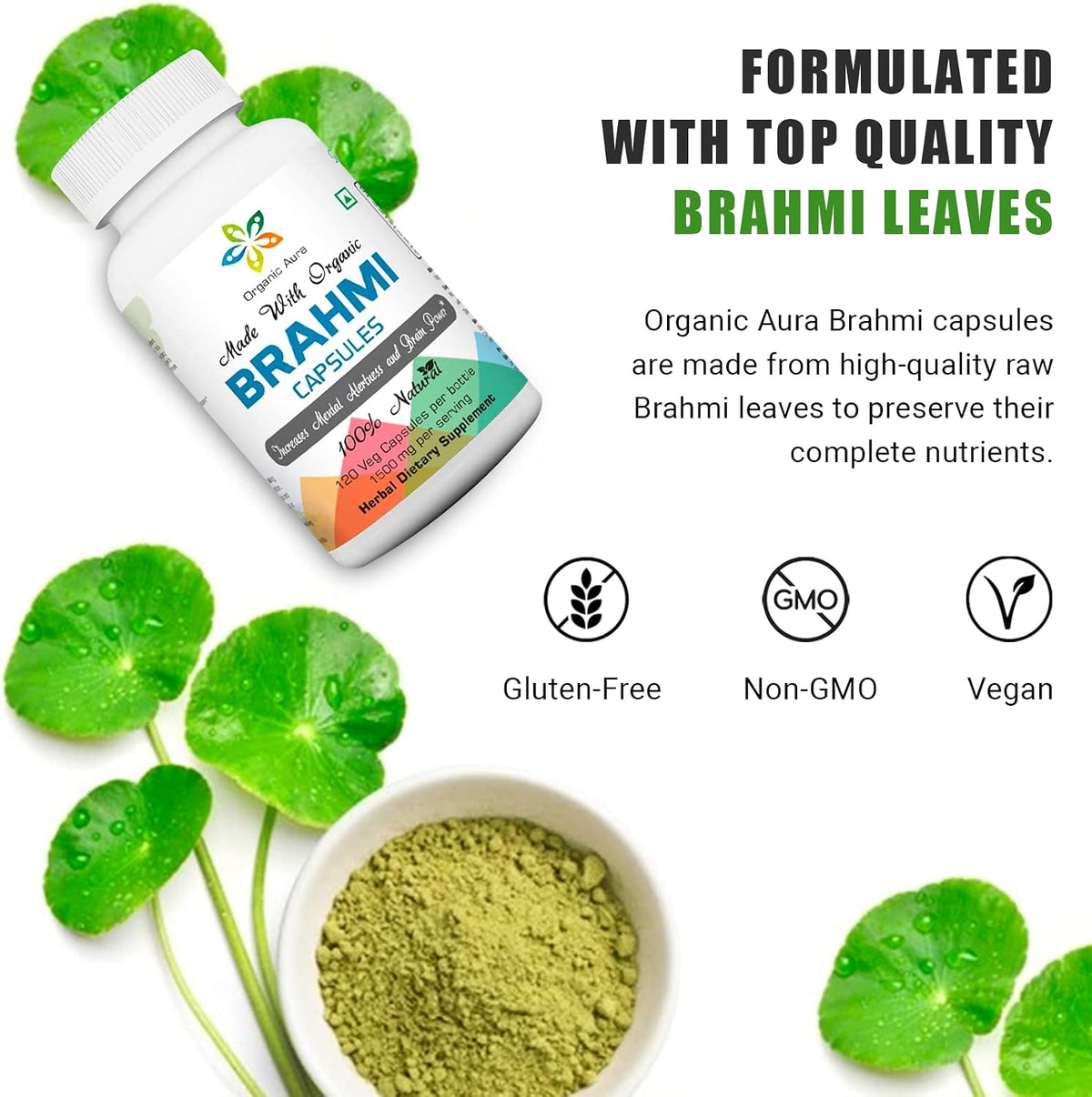 Organic Aura Brahmi Capsules (120 Capsules) - Whole Green Superfood, Non-GM, Gluten-free – Image 3