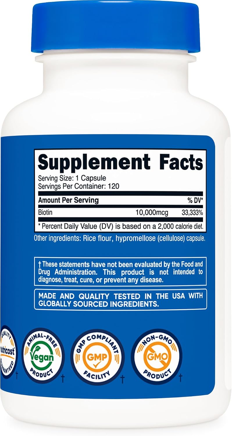 Nutricost Biotin (Vitamin B7) 10,000mcg (10mg), 120 Capsules – Vegan, Gluten-free, Non-GMO - görsel 5
