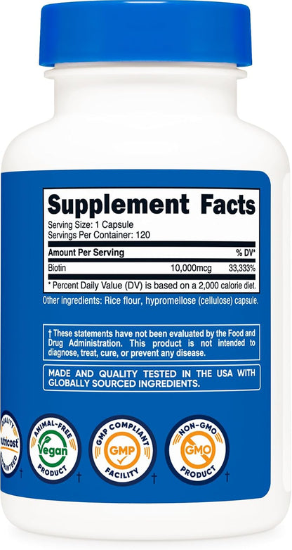 Nutricost Biotin (Vitamin B7) 10,000mcg (10mg), 120 Capsules – Vegan, Gluten-free, Non-GMO