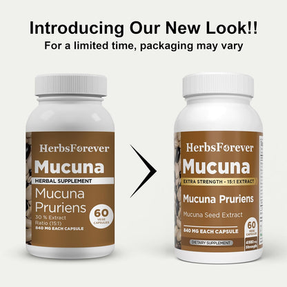 Herbsforever Mucuna Pruriens (Velvet Bean) Extra Strength (15:1) Extract - 60 Veg Capsules, 840mg