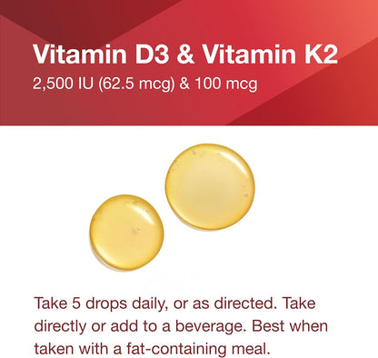Protocol for Life Balance Liquid D3 and MK-7, 2500 IU Vitamin D3 & 100 mcg Vitamin K2, Bone and Cardiovascular Support, 30 ml