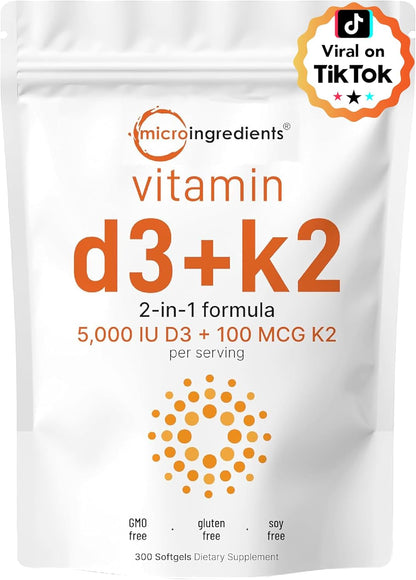 Micro Ingredients Vitamin D3 5,000 IU + K2 MK-7 100 mcg, 2 Pack (600 Softgels)