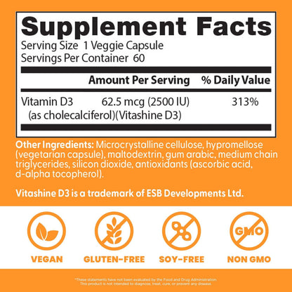 Doctor's Best Vegan Vitamin D3 2500 IU - 60 Veggie Capsules