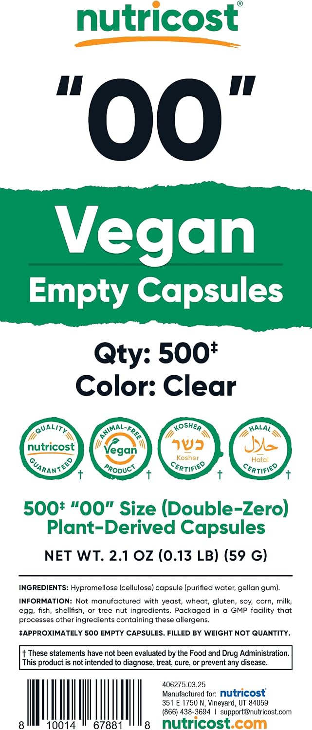 Nutricost Empty Capsules Size 00 Vegan - 500 Clear Empty Plant-Based Capsules - Kosher Certified, Halal Certified, Non-GMO, Soya Free, Gluten-free, Vegetarian - görsel 4