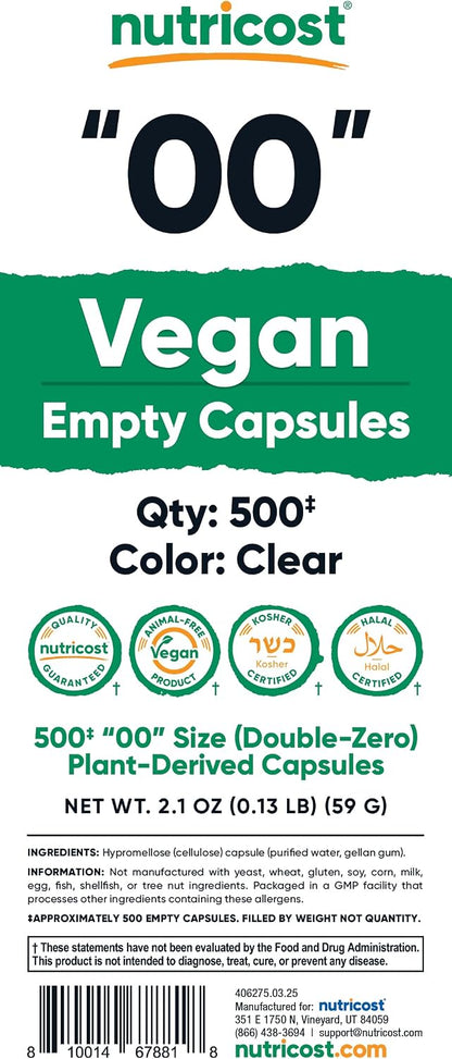 Nutricost Empty Capsules Size 00 Vegan - 500 Clear Empty Plant-Based Capsules - Kosher Certified, Halal Certified, Non-GMO, Soya Free, Gluten-free, Vegetarian
