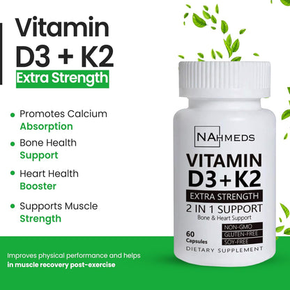 Vitamin D3 + K2 Extra Strength – 60 Capsules, High-Potency Bone & Heart Health Support, Non-GMO, Gluten-free