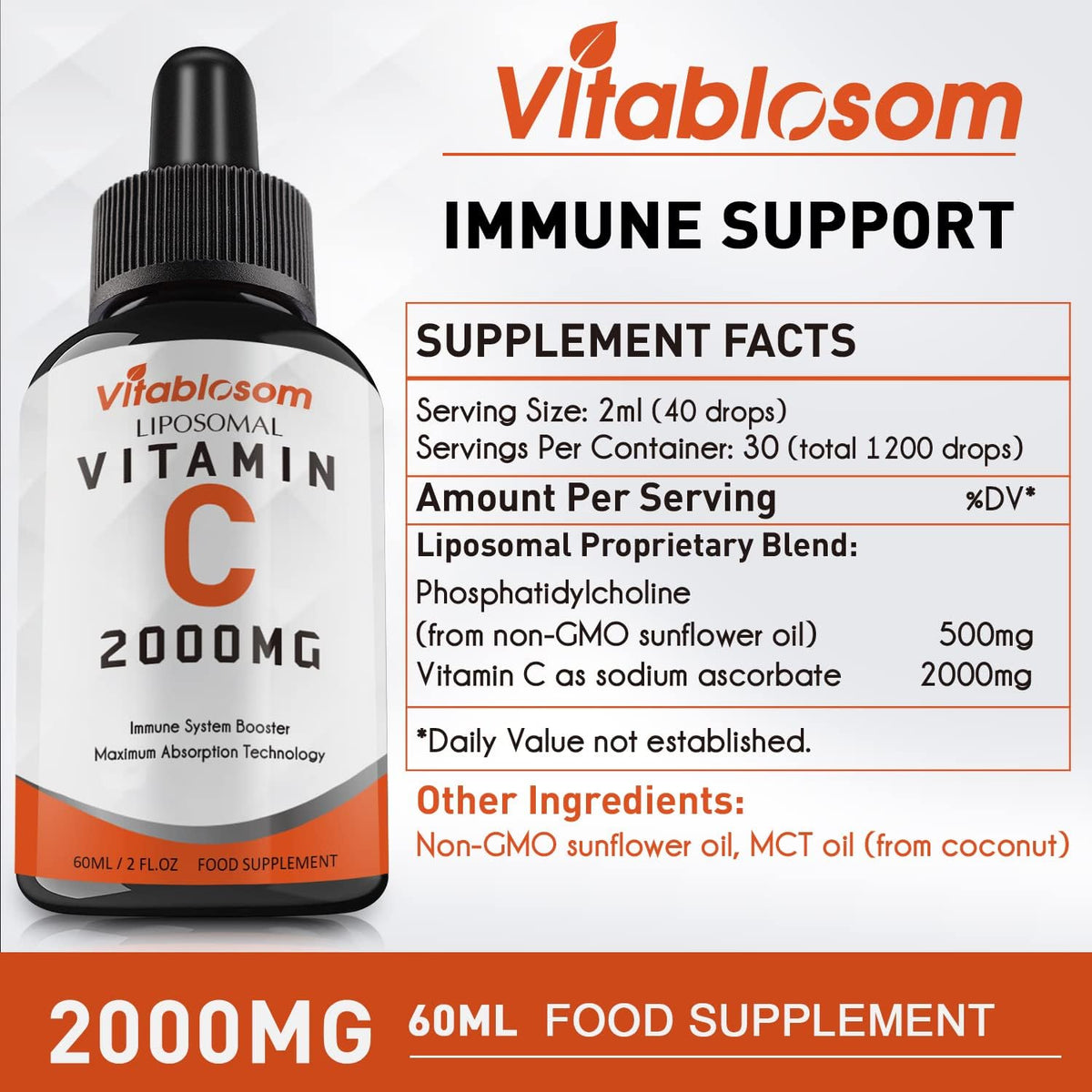 Vitablosom Liposomal Vitamin C 2000mg Liquid for Adults, High Absorption VIT C, Maximise Vitamin C, Immune System & Antioxidant Support, 60ml (2 Bottle) - görsel 7