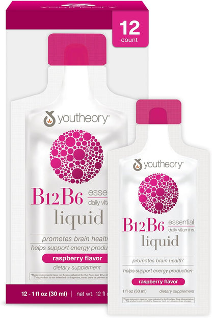 Youtheory Vitamin B12 B6, Daily Energy and Nervous System Support Supplement, Liquid Raspberry Flavour, 12 – 1 oz Single Serving Packets