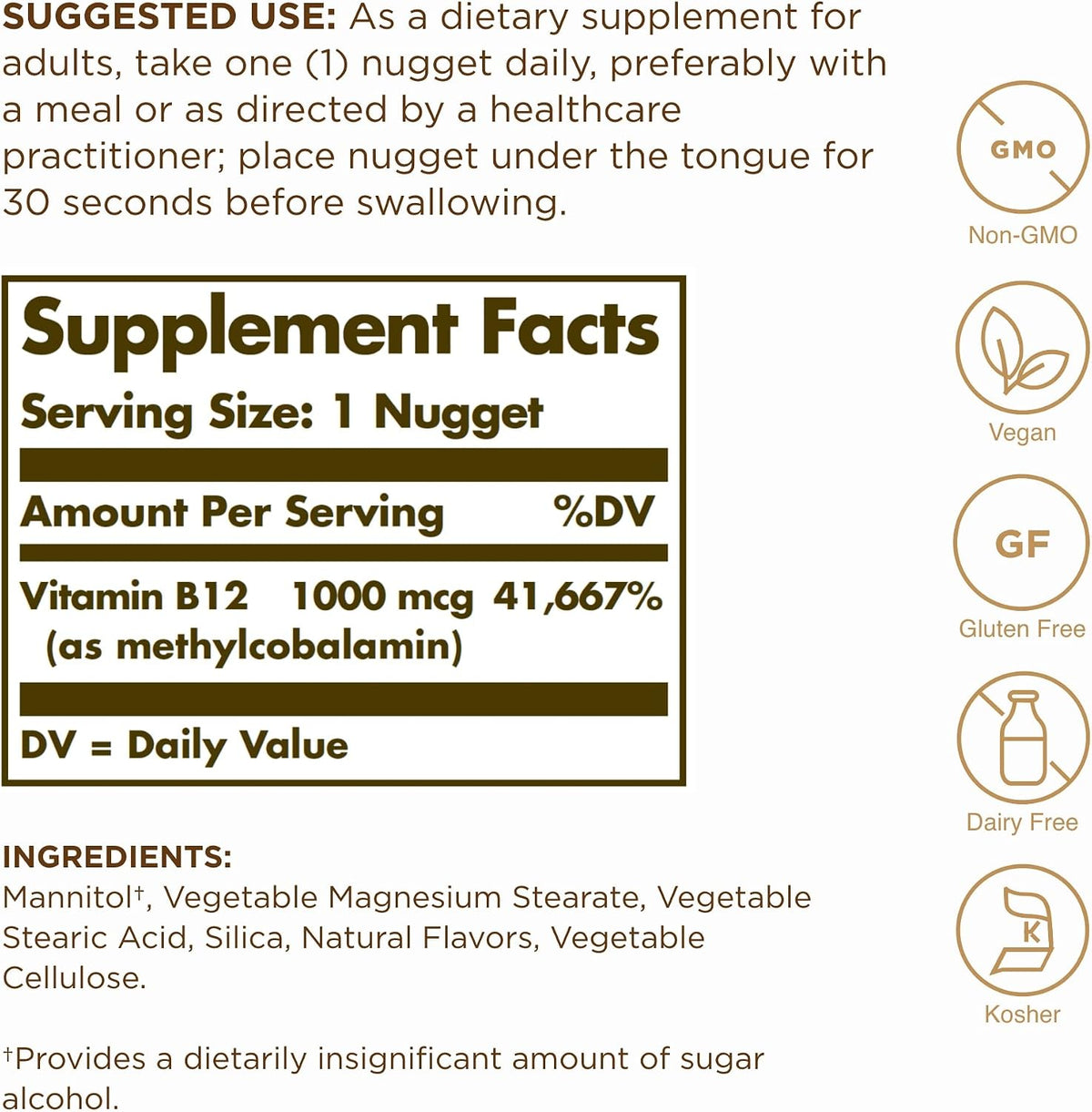 Solgar Methylcobalamin (Vitamin B12) 1000 mcg - Sublingual Nuggets, 60 Nuggets (Pack of 2) - görsel 2