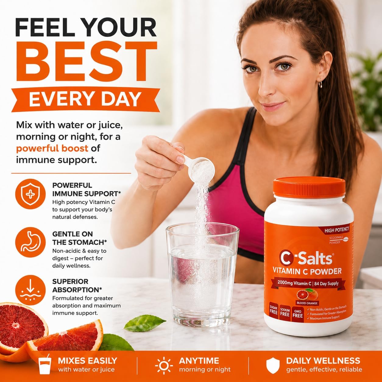 C-Salts Buffered Vitamin C Powder - Pure Organic, Stomach-Friendly Ascorbic Acid Vit C Drink for Daily Immune Support & Collagen Production - Vegan Non GMO Sugar Free - 272 Servings Blood Orange, 26oz (approx. 737g) - görsel 4